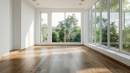 Poster - an empty living room with wood flooring and large windows in the room is very clean but its all white : Generative AI