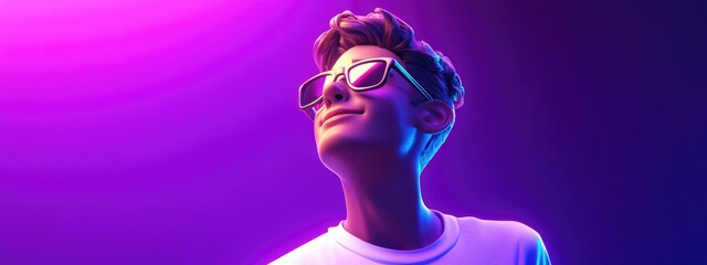 3D Cartoon Portrait of Happy Young Guy in Casual White T Shirt and Sunglasses Looking Away with Purple Neon Background Chill Vibe