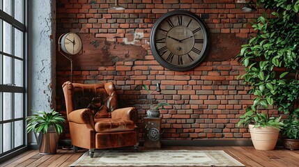 Poster - Room wall concept brick and classic style clock armchair lamp and green plant botanic interior decor brown parquet and carpet : Generative AI