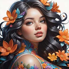 A stunning digital portrait of a brunette woman adorned with vibrant flowers, blending nature with elegance