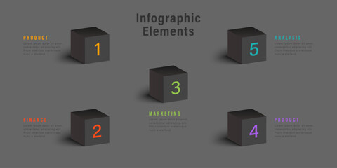 Wall Mural - Infographic template and 5 options or steps. Black 3d cubes. Can be used for workflow layout, diagram, banner, webdesign. Vector illustration