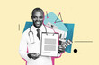 © deagreez - Composite photo collage of happy american doctor man hold clipboard paper prescription pen pills pharmacy isolated on painted background