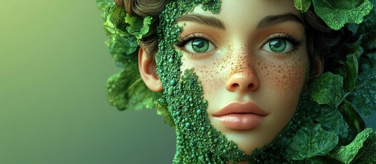 Wall Mural - 3D cartoon portrait of a stunning girl with algae body art