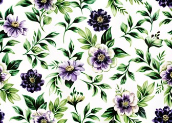 Wall Mural - Delicate hand-painted purple watercolor flowers bloom in a seamless pattern on a crisp white background, adding a touch of elegance to any design element.