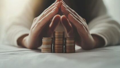 Hands Protecting Stacks of Coins on White Surface