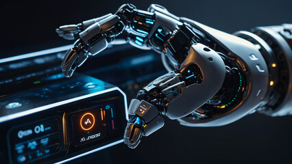 Intelligent robot machine pointing finger on dark background 3D rendering