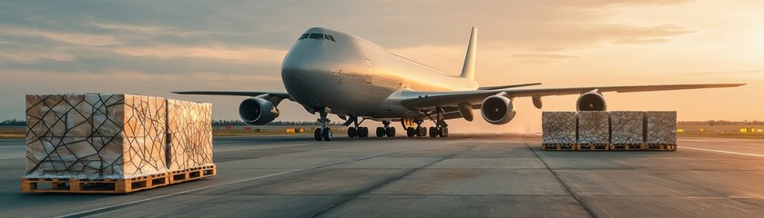 Cargo airplane on runway with freight pallets during sunset, showcasing air transport and logistics operations.