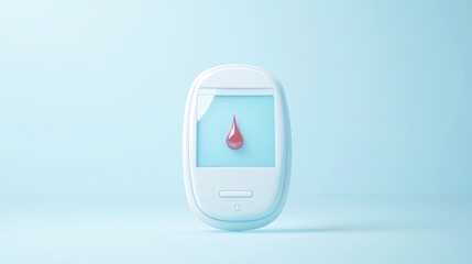 Illustrator style, glucose meter with a drop of blood on the screen, clean and modern design, solid light blue background, soft glow around the meter, diabetes care concept