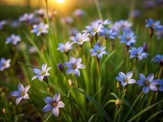 Wall Mural - Serene landscape of delicate blue-eyed grass flowers sways gently in a warm, soft-focused field, bathed in calming pastel hues of dawn or dusk light.