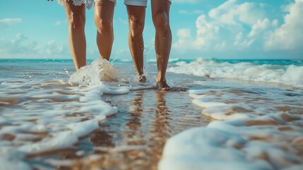 Wall Mural - Couple beach and holding hands in running happy and holiday for vacation ocean and cropped shot Romantic summer and travel bonding and sea or outdoor sand and romance in miami for hone : Generative AI