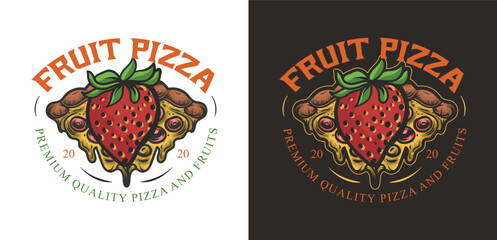 Wall Mural - Fruit pizza vintage hand-drawn logo design vector for restaurant or cafe