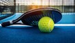 © SandraSevJarocka - Close-up of a padel ball with a racket about to make contact, with the court and net in the background