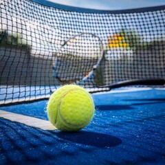 Wall Mural - Close-up of a padel ball with a racket about to make contact, with the court and net in the background