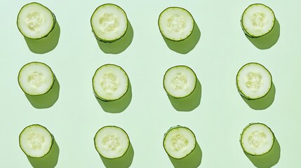 Canvas Print - Cucumber slices arranged in a pattern on a green background.