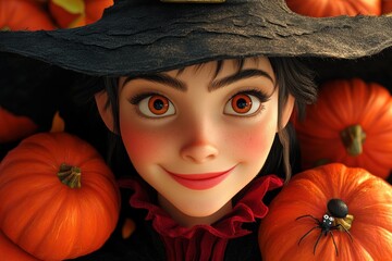 Close-Up of a Smiling Cartoon Witch with Pumpkins and Spider