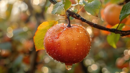 Wall Mural - A single, ripe apple glistening with morning dew hangs from a branch amidst a blurred background of an orchard on a sunny day