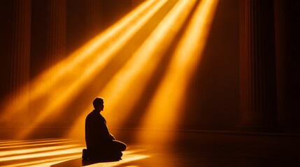 Sticker - A person kneeling in worship before an altar, bathed in warm, golden light, with soft shadows in the background 