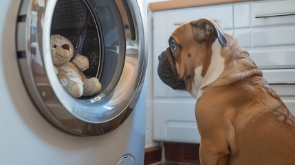 A bulldog sitting in front of a washing machine looking at his teddy inside through the glass