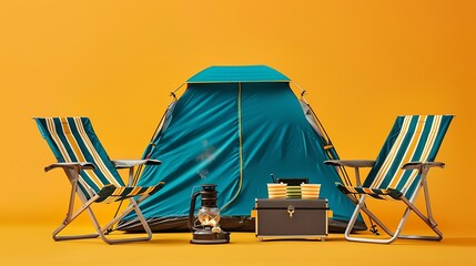 Wall Mural - a camping setup with a blue tent portable cooler gas burner and striped folding chairs on a mustard orange background