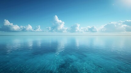 Poster - A minimalistic landscape photo view of river or ocean with blue sky Horizontal landscape of realistic of beach with blue Perfect ocean surface Tranquility calm concept Nature concept : Generative AI