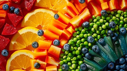 a close up elevated view of arch of chopped multi coloured fruits and vegetables rainbow of strips of red orange and yellow bell peppers green peas blueberries and half slice of orange