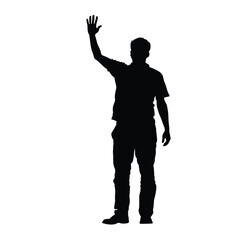 Wall Mural - Silhouette of a man raising his hand in a waving gesture on a white background.