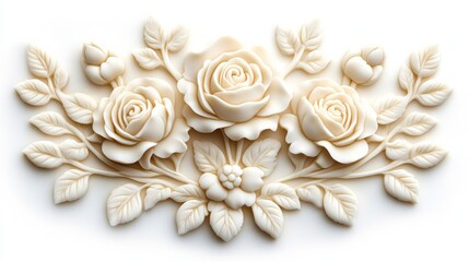 Wall Mural - Elegant butter sculpture of blooming roses and vines intertwined, isolated on a white background with delicate shadows emphasizing the intricate carvings 