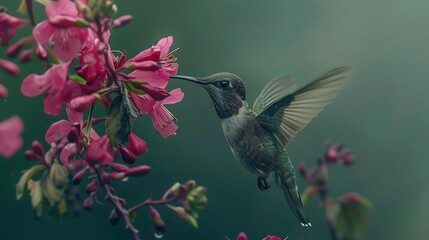 Sticker - A close up shot of a hummingbird feeding from a pink flower showing its long beak and iridescent feathers