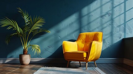 Poster - Living room with yellow armchair on empty dark blue wall background3D rendering : Generative AI