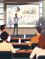 Aufkleber - A professional is leading a financial seminar in a modern conference room, presenting various charts and data to engaged participants. Generative AI