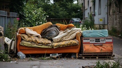 A group of discarded household items including a sofa mattress and cooker left on a curbside waiting for the city council to collect them