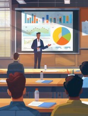 Aufkleber - A professional conducts a financial seminar, presenting engaging visual data in a modern conference room to an attentive audience. Generative AI