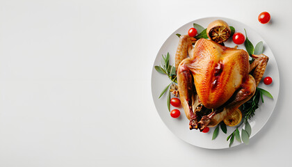 Plate with roasted turkey on white background