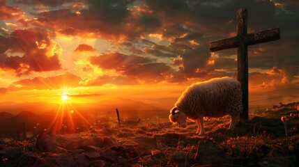 Wall Mural - a lost sheep on cross sunset background