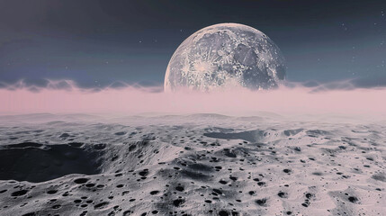 Wall Mural - Space landscape. The surface of the moon in the fog with a view of the earth. Science concept.