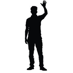 Wall Mural - Silhouette of a man raising his hand in a wave on a plain white background.