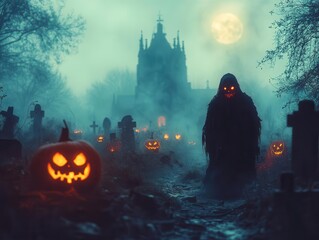 Wall Mural - eerie halloween scene glowing jackolanterns with menacing expressions illuminate a misty graveyard spectral forms lurk in shadows cast by a full moon