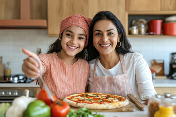 Wall Mural - little girl and mother make pizzaa