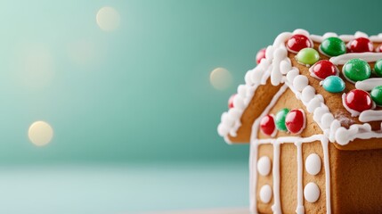 Poster - Close-up of a gingerbread house rooftop adorned with intricate icing patterns, red and green candies, against a subtle gradient background transitioning from warm to cool tones 