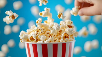 closeup of a hand reaching into a popcorn bucket, popcorn flying out in motion, blurred background of a theater screen, bright colors 