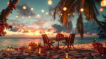 Wall Mural - A Table designed for a romantic meal on the beach with lanterns and chairs and flowers in the background of palm trees and sky and sea