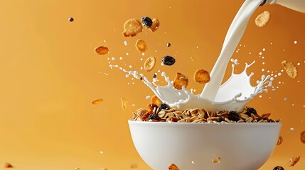 Wall Mural - a white bowl of cereal with milk being poured into it top down aerial view of milk pouring in to bowl with cornflake dry fruit and splashing milk with isolated orange background