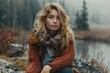 © aicandy - A serene young woman with long blonde hair sits amidst the natural beauty of a misty, autumnal landscape, wearing a cozy knitted sweater and scarf