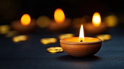 Poster - Golden-lit traditional clay lamps glowing brightly against a dark background surrounded by shimmering gold coins and jewelry representing the prosperity of Dhanteras 