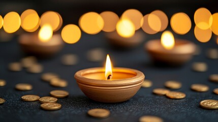 Wall Mural - Golden-lit traditional clay lamps glowing brightly against a dark background surrounded by shimmering gold coins and jewelry representing the prosperity of Dhanteras 