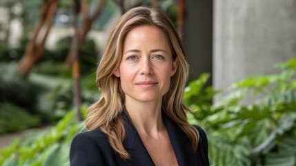 A professional portrait of a confident woman with blond hair, dressed in a sleek business suit, standing in a lush, green outdoor setting