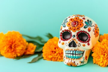 Canvas Print - Intricate sugar skull encrusted with colorful gems is juxtaposed with vivid marigold flowers encapsulating Mexicos Day of the Dead observance background with empty space for text 