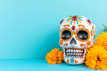 Poster - Intricate sugar skull encrusted with colorful gems is juxtaposed with vivid marigold flowers encapsulating Mexicos Day of the Dead observance background with empty space for text 