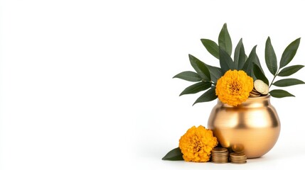 Poster - Isolated golden kalash filled with coins, marigold flowers, and mango leaves on a white background symbolizing wealth and tradition during Dhanteras 