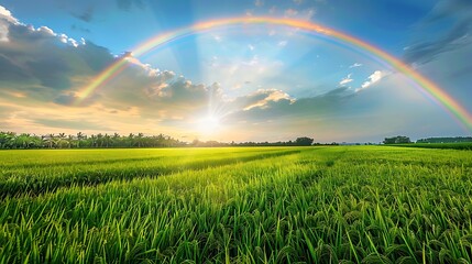 Amazing scene in summer green grassy meadows in fantastic evening sunlight a very beautiful rainbow over the green rice fields dramatic sky